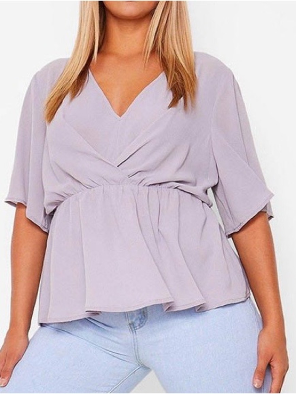 Boohoo Grey / Lavender V-Neck Peplum Blouse Size 12